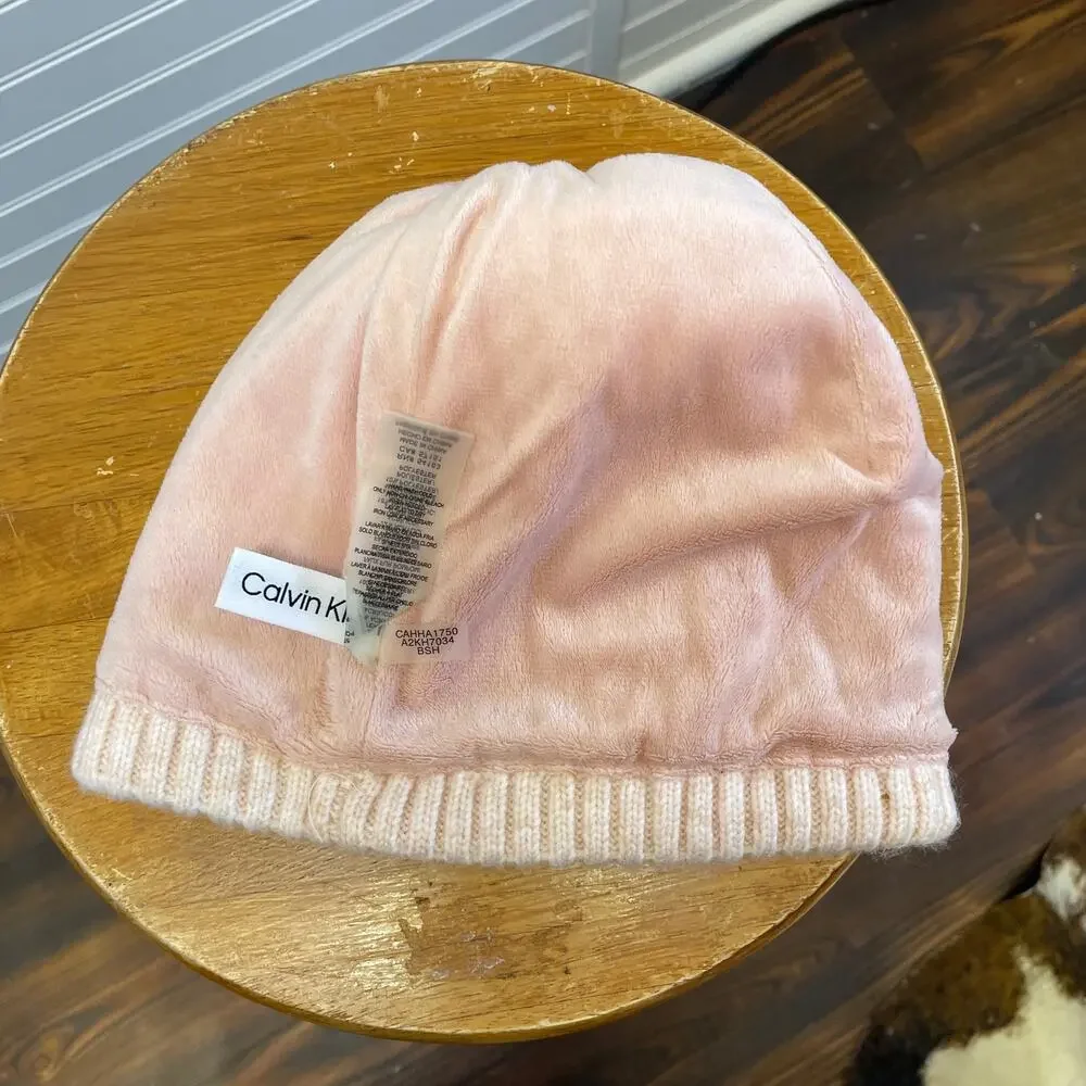 Calvin Klein Faux Fur Pom Pom Cable Knit Lined Beanie